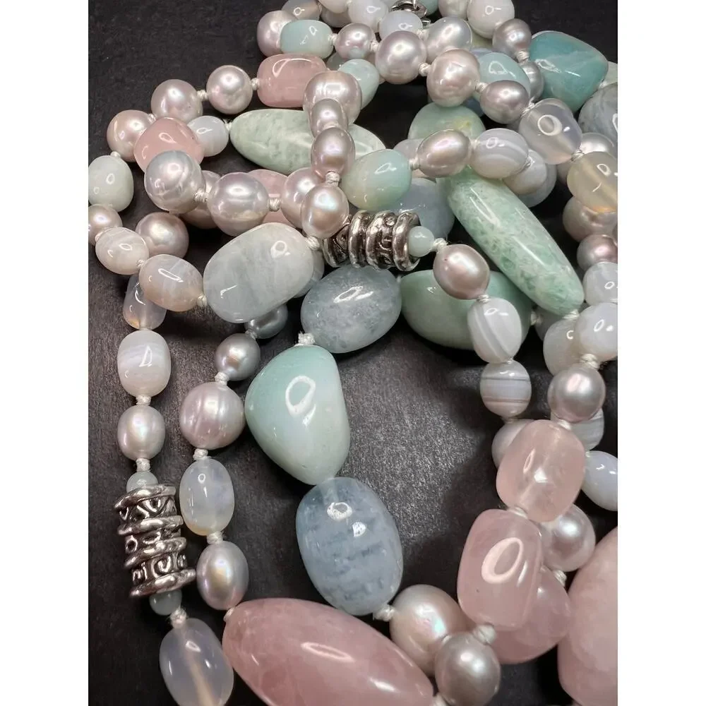 NEW dead stock amazonite , pearl multi stone sterling silver 30 inch necklace